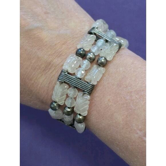 Rare Vintage Bracelet Sterling Silver 925 And Carved Rose Quartz Layered Beads - Picture 8 of 16